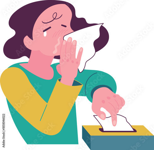 ずびずびと苦しそうな顔で止まらない鼻水をティッシュで抑えている人・A person with a painful look on their face trying to hold back a runny nose with tissue