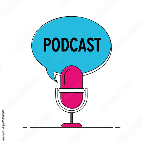 Vibrant pink microphone illustration with podcast text in a blue speech bubble on white background for digital content creation