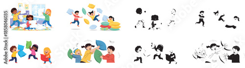 Kids playing pillow fight in bedroom joyful childhood fun