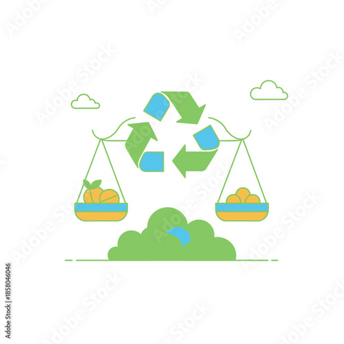 Recycling symbol balancing items on scales with compost heap below.