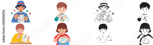Children learning embroidery craft hobby with hoop