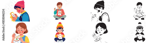 Children embroidering with colorful hats and cozy clothes