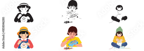 Children crafting with yarn and embroidery for hobbies