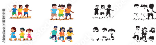 Children playing on balance beam friendship teamwork activity