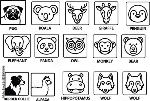 Animal face icon set featuring pug, koala, deer, giraffe, penguin, elephant, panda, owl, monkey, bear, border collie, alpaca, hippo, wolf, vector grid for wildlife education and design