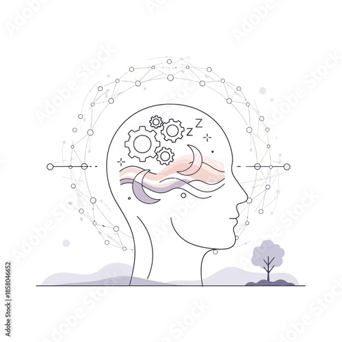 Human Head Silhouette with Gears and Sleep Symbol.