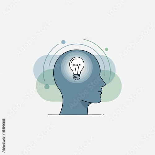 Illustration of a human head silhouette with a glowing light bulb inside representing an idea.