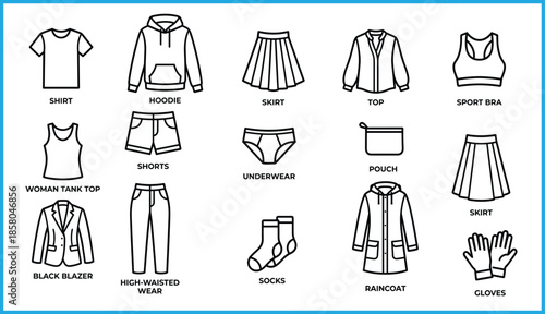 Clothing and fashion icon set featuring shirt, hoodie, skirt, sport bra, tank top, blazer, raincoat, gloves, pouch, socks, underwear, shorts, high-waisted wear, vector grid for retail and design