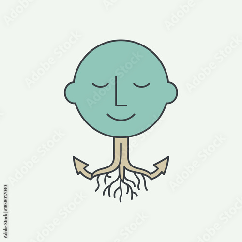 Stylized illustration of a serene face with roots and anchors.