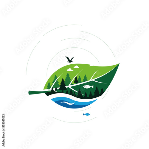 Eco-friendly leaf with forest and river scene.