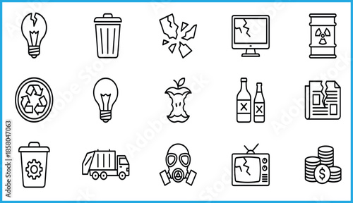 Environmental waste and recycling icon set with broken electronics, trash, gas mask, radioactive barrel, apple core, bottles, newspaper, coins, vector grid for sustainability and pollution awareness
