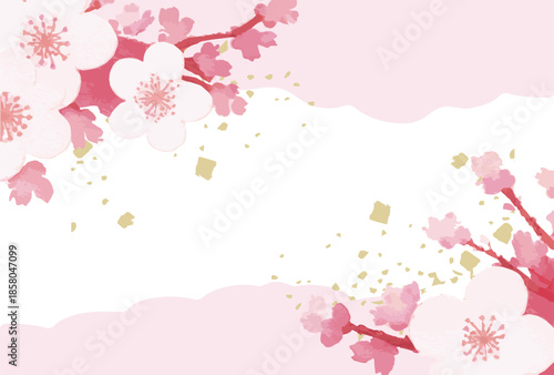 Cherry Blossom Watercolor Frame with Gold Foil. Japanese Style Spring Floral Background