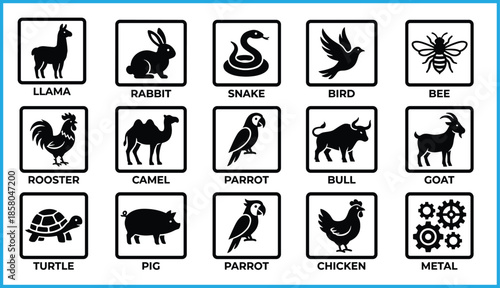 Animal silhouette icon set featuring llama, rabbit, bird, bee, camel, pig, turtle, metal, goat, bull, rooster, snake, chicken, parrot, vector grid design for education and classification