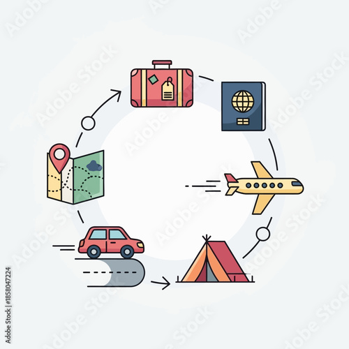 Travel planning and journey illustration with icons.