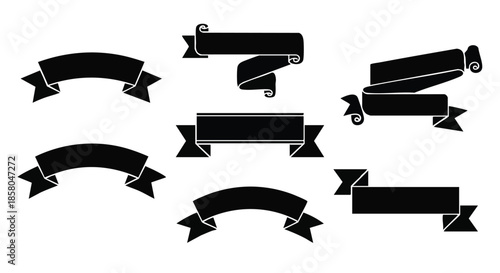 Collection of black ribbon banners on a minimalist white background for versatile graphic design elements