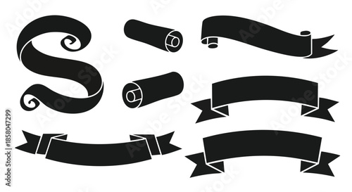 Collection of black ribbon banners and ornate scroll shapes isolated on a clean white background for design asset illustration