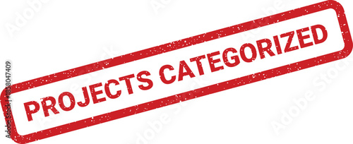 Textured red rubber stamp text indicating that various projects have been officially categorized or sorted