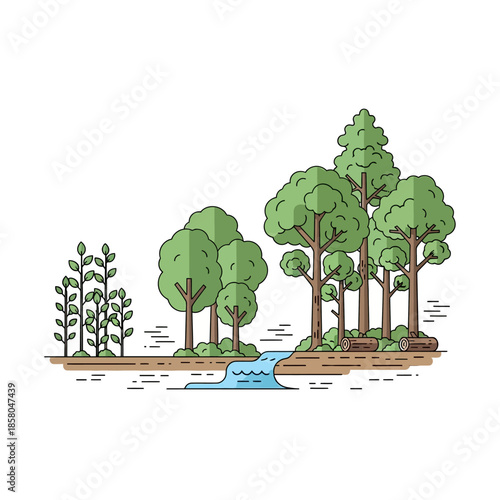 Stylized Forest Scene with Flowing Stream and Lush Green Trees.