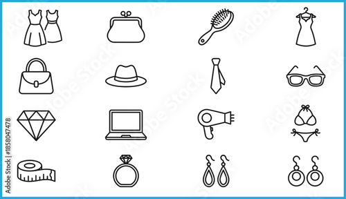 Set of 20 black line icons for fashion accessories and personal items, ideal for vector illustration content