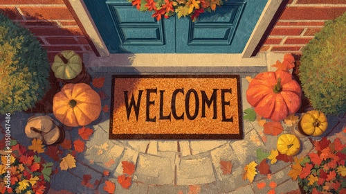 A cozy autumn scene featuring a welcome mat, pumpkins, and a wreath. The view is from a doorstep, surrounded by seasonal foliage