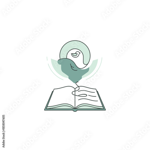 Minimalist illustration of a bird emerging from an open book.