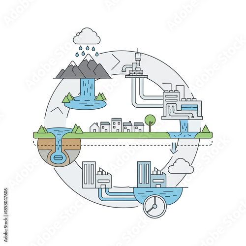 Water cycle illustration showing urban water management and treatment processes.