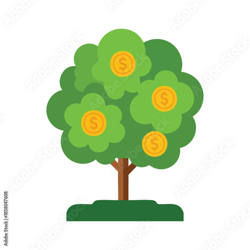 A thriving money tree laden with golden coins representing financial growth and prosperity on a simple green landscape perfect for business