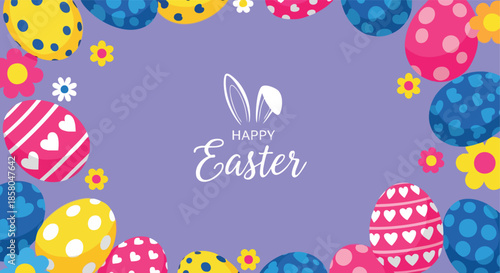 Vibrant decorated Easter eggs and spring flowers framing a cheerful holiday greeting on a soft purple background for festive celebration design