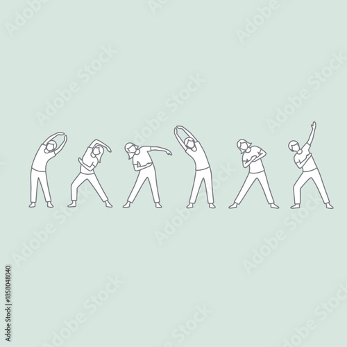 Line Art of People Stretching and Exercising Together.