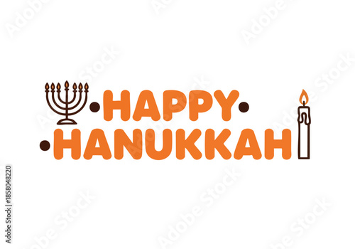 Festive Happy Hanukkah greeting with traditional menorah and lit candle on a clean white background for seasonal celebration designs