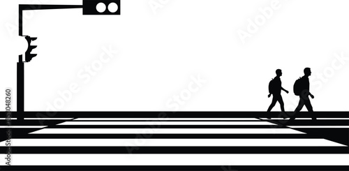 Pedestrian crosswalk vector, urban traffic scene, students walking, safety, black silhouette art, city infrastructure, road signal, backpack, street design