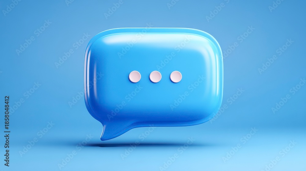 Fototapeta premium A vibrant, 3D rendered, light blue speech bubble floats against a matching backdrop. Three small, pink dots sit within the bubble