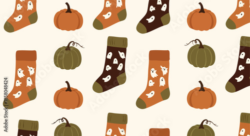 Festive autumn socks and pumpkins on a light background for a cheerful seasonal seamless pattern design artwork