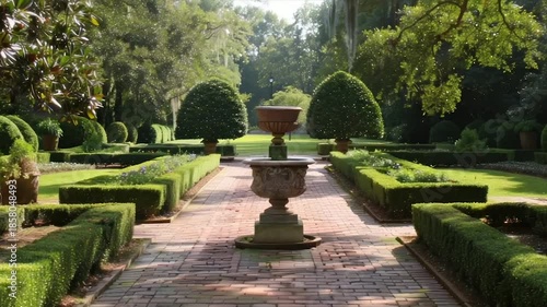 A formal garden features a brick pathway leading to a fountain flanked by trimmed hedges and trees