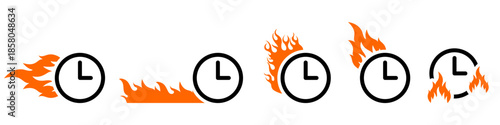Set of clock and flame icon vector for hot deals and urgent deadlines. Ideal for illustrating burning time, limited offers, and high-pressure tasks.