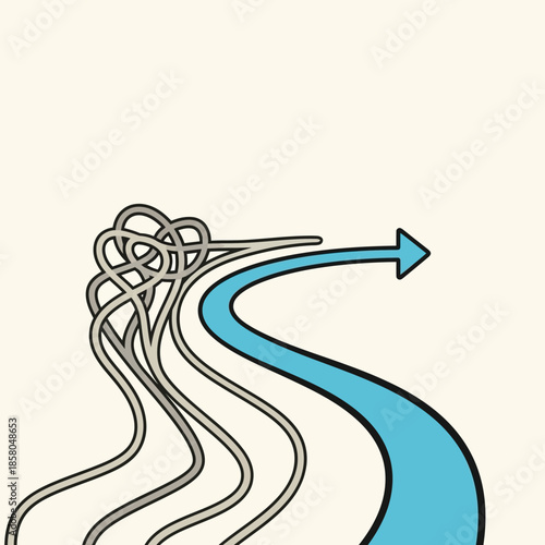Complex tangled lines transforming into a clear straight arrow.