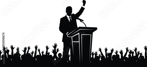  Podium speaker silhouette vector illustration, black and white contrast, leadership moment, public speech, crowd support, minimal design, activism, unity, rally