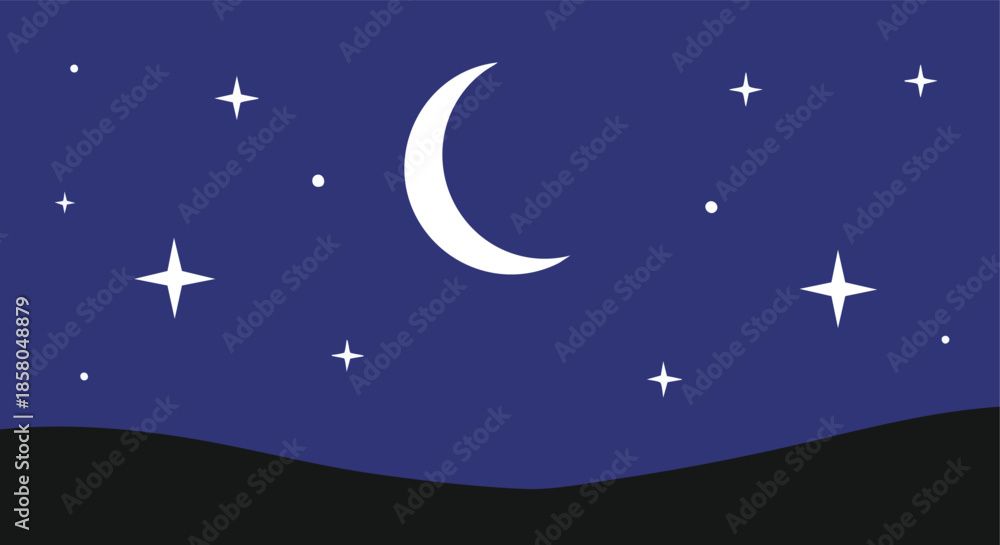 Naklejka premium Celestial crescent moon and scattered stars adorn a deep blue night sky above a dark silhouette of land