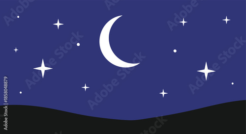 Celestial crescent moon and scattered stars adorn a deep blue night sky above a dark silhouette of land