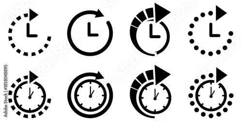 Set of clock and arrow time forward icon vector for progress. Ideal for illustrating future plans, fast forwarding, advancement, and moving ahead.