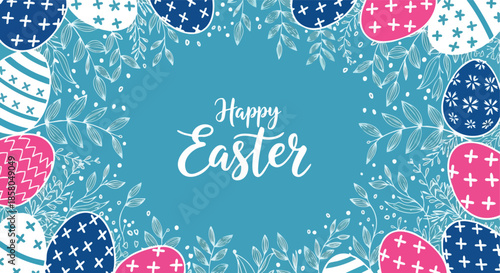 Festive easter eggs with floral accents on a serene blue background