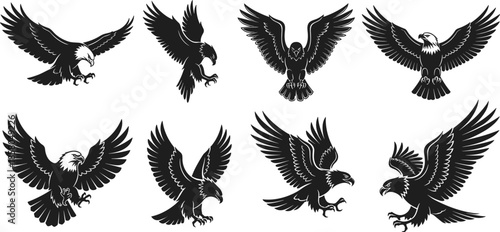 Powerful eagle silhouette vector illustration set, majestic predatory bird icons in flight, bald eagle nature graphics isolated on white background for logos,