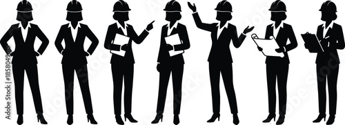 Business professionals silhouette wearing safety helmets showing teamwork, leadership, discussion, planning, and industrial management roles illustration set