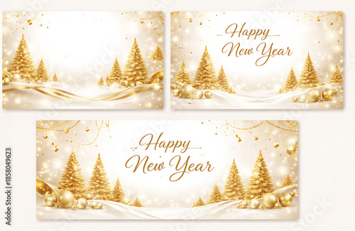 Happy New Year 2026 and Merry Christmas white and gold social media backgrounds with trees. Templates for square, portrait posts and etc.
