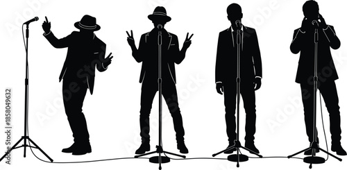Professional male singer silhouette vector illustration set, vocalists performing on stage with microphones isolated on white background for music concert and entertainment design,