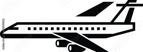 Commercial passenger airplane silhouette icon in side view showing modern jet aircraft design, minimal black and white aviation illustration