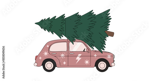 Whimsical pink car transports a festive evergreen tree for holiday celebrations on a white background