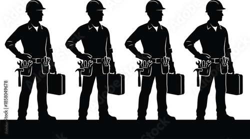 Construction worker silhouette lineup with tool belt and toolbox representing skilled labor, industry workforce, safety equipment, and professional tradespeople concept