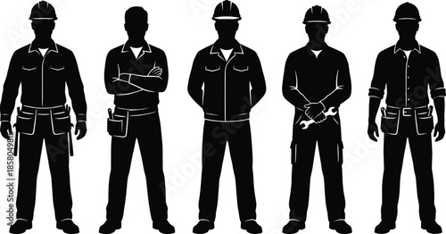 Construction workers silhouette set standing in different poses wearing safety helmets professional labor team industrial illustration