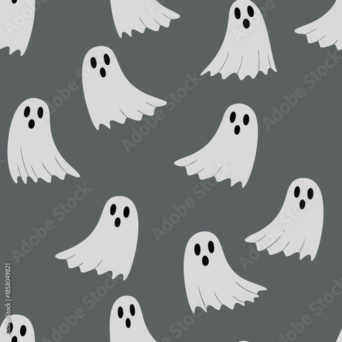 Whimsical ghost illustrations scattered across a dark grey background pattern for festive decoration